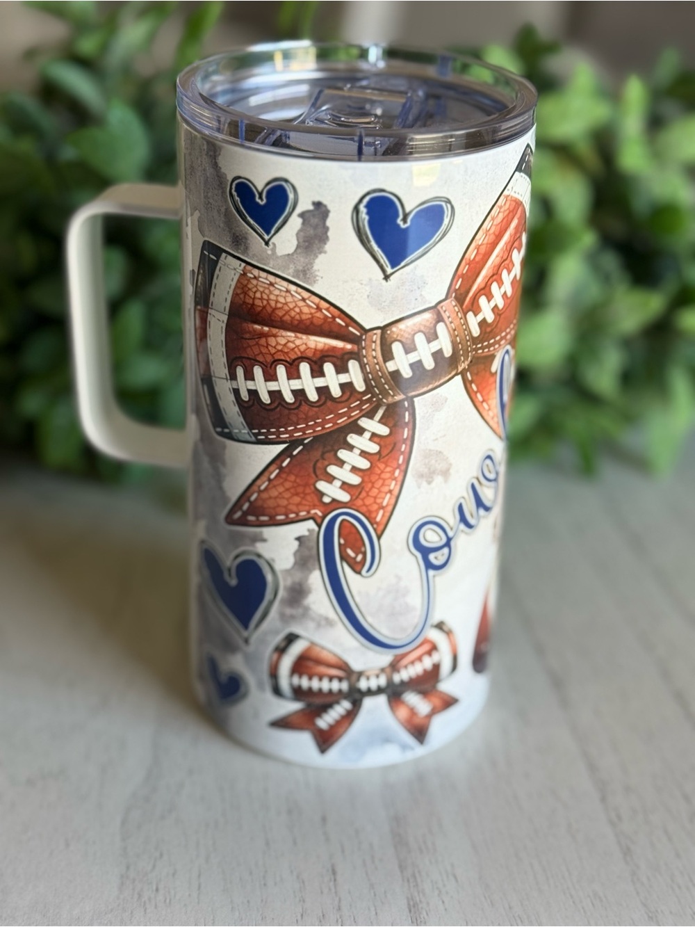 White Travel Tumbler with Football Bow and Blue Hearts - No Brand